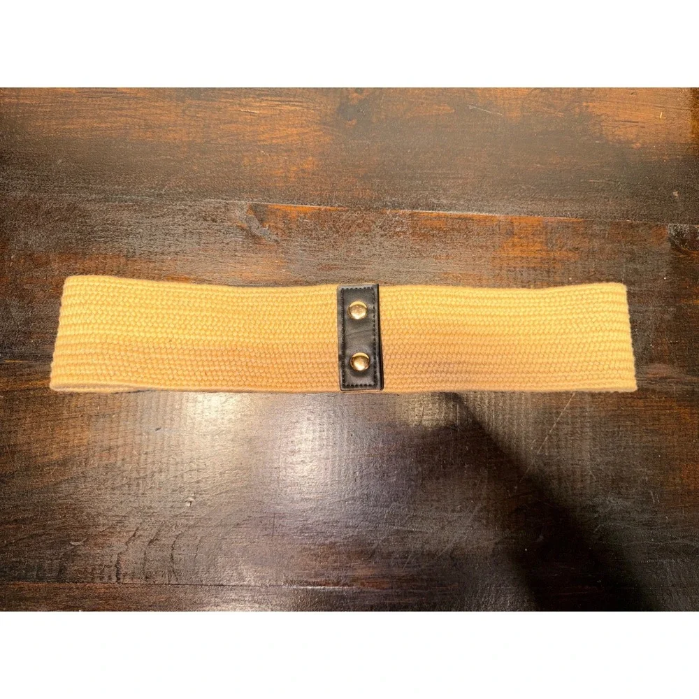 Torrid Womens Tan Woven Stretch Cinch Belt Black Faux Leather Wood Ring Sz 00